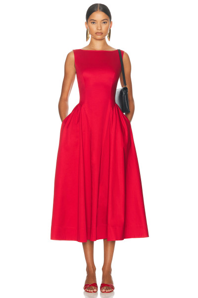 2025 Hot sale Sleeveless Red Midi Dress with Pleated Waist and Pockets Woman's Dress