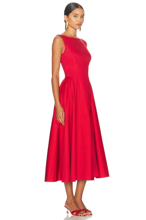 2025 Hot sale Sleeveless Red Midi Dress with Pleated Waist and Pockets Woman's Dress