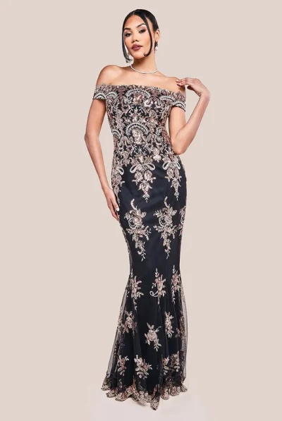 Women's Elegant One Shoulder Slim High Waist Hip Wrap Sequin Embroidered Evening Dress