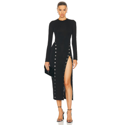Hot Sale Long Sleeve High quality Bodycon Dress  Studded Slit Detail Woman's Midi Dress