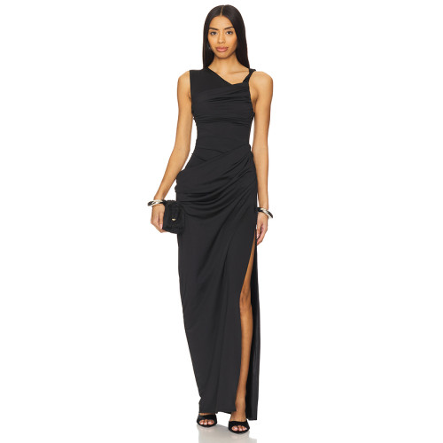 Alluring Exquisitely Elegant Asymmetric Cut Black Stylish Side Slit Design Maxi Dress