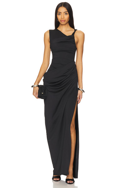 Alluring Exquisitely Elegant Asymmetric Cut Black Stylish Side Slit Design Maxi Dress