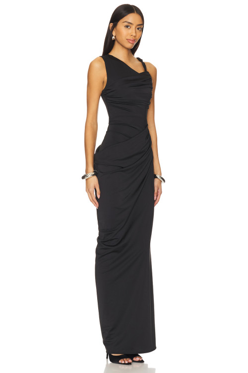 Alluring Exquisitely Elegant Asymmetric Cut Black Stylish Side Slit Design Maxi Dress