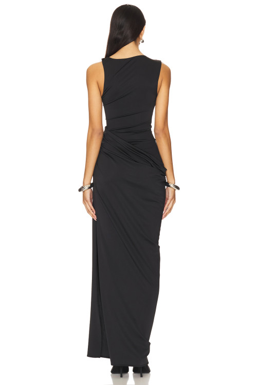 Alluring Exquisitely Elegant Asymmetric Cut Black Stylish Side Slit Design Maxi Dress