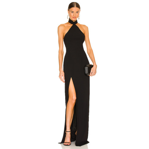 Stylish Elegant Halter Neck Design Backless Sexy Black High Slit Floor Length Maxi Dress