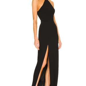 Stylish Elegant Halter Neck Design Backless Sexy Black High Slit Floor Length Maxi Dress