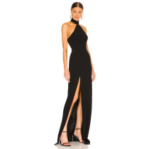 Hot Sale Stylish Elegant Halter Neck Design Backless Sexy Black High Slit Floor Length Maxi Dress