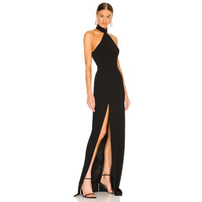 Hot Sale Stylish Elegant Halter Neck Design Backless Sexy Black High Slit Floor Length Maxi Dress