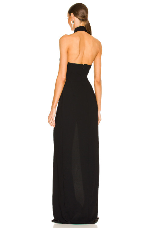 Hot Sale Stylish Elegant Halter Neck Design Backless Sexy Black High Slit Floor Length Maxi Dress