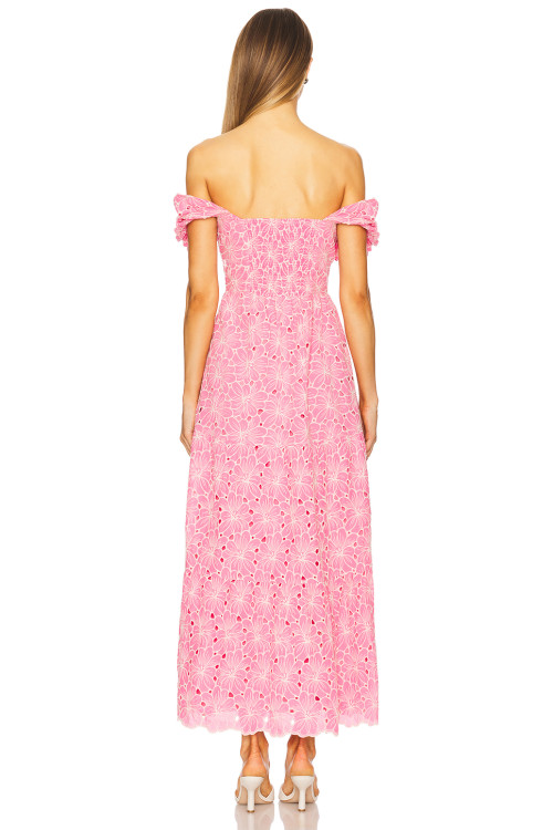 Fashion Forward Hot Selling Sweet Convertible Off The Shoulder Floral Eyelet Fabric Long Dress