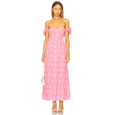 Fashion Forward Hot Selling Sweet Convertible Off The Shoulder Floral Eyelet Fabric Long Dress