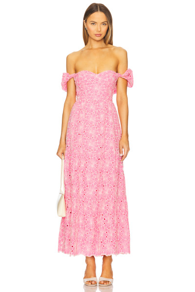 Fashion Forward Hot Selling Sweet Convertible Off The Shoulder Floral Eyelet Fabric Long Dress
