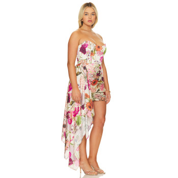 2025 New Fashionable Floral Printed Strapless Pleated Half Skirt Draped Accents Mini Dress