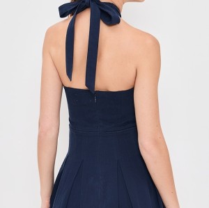 2025 Hot Sale New Design Pleated Halter neck Bow Trim Sleeveless Backless Woman's Mini Dress