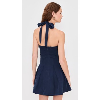 2025 Hot Sale New Design Pleated Halter neck Bow Trim Sleeveless Backless Woman's Mini Dress