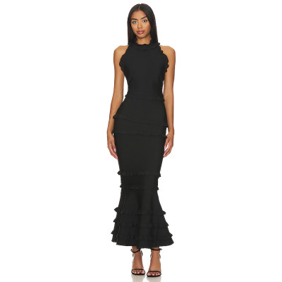 New Style Elegant Black Backless Halter Neck Ruffled Layered Mermaid Slim Fit Long Dress