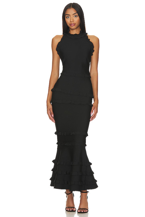New Style Elegant Black Backless Halter Neck Ruffled Layered Mermaid Slim Fit Long Dress