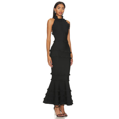 New Style Elegant Black Backless Halter Neck Ruffled Layered Mermaid Slim Fit Long Dress