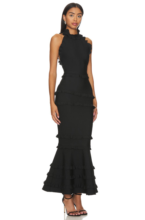 New Style Elegant Black Backless Halter Neck Ruffled Layered Mermaid Slim Fit Long Dress