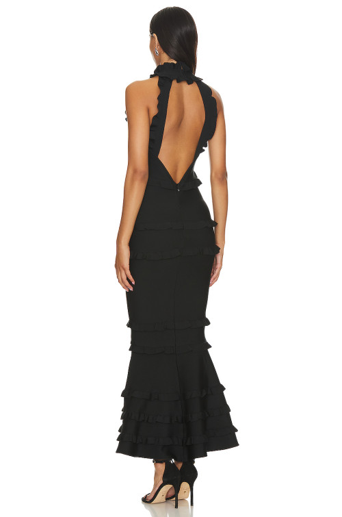 New Style Elegant Black Backless Halter Neck Ruffled Layered Mermaid Slim Fit Long Dress