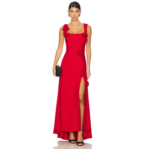 2025 Fashionable Elegant Square Neckline Crepe Tonal 3D Floral Accents Front Slit Long Dress