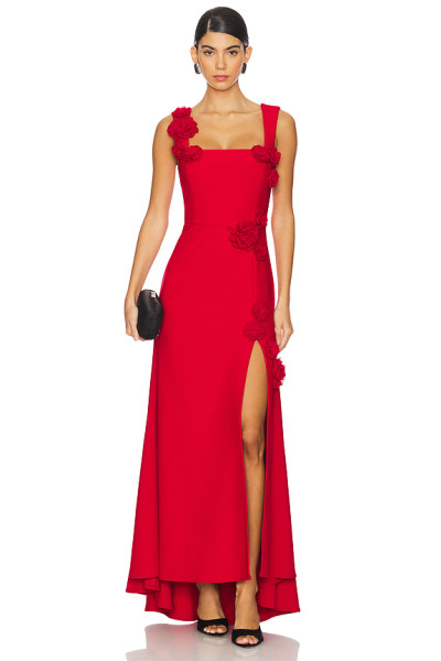2025 Fashionable Elegant Square Neckline Crepe Tonal 3D Floral Accents Front Slit Long Dress
