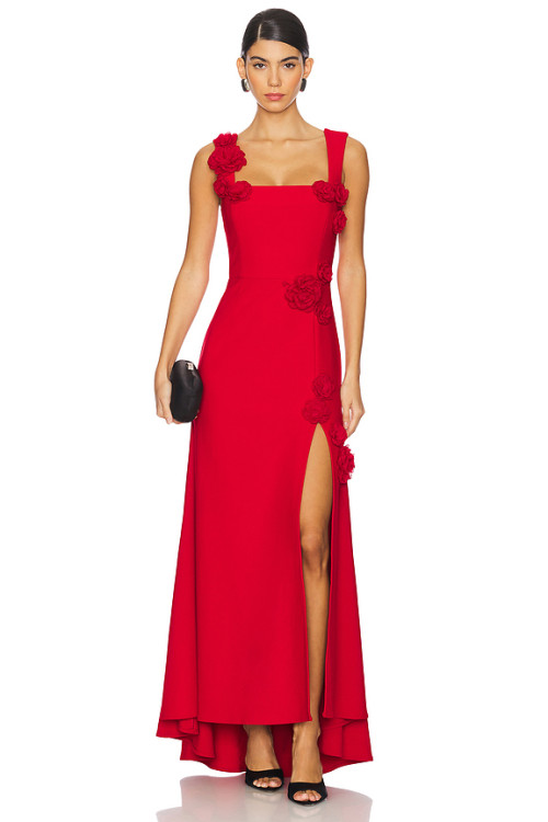 2025 Fashionable Elegant Square Neckline Crepe Tonal 3D Floral Accents Front Slit Long Dress