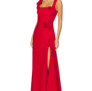 2025 Fashionable Elegant Square Neckline Crepe Tonal 3D Floral Accents Front Slit Long Dress