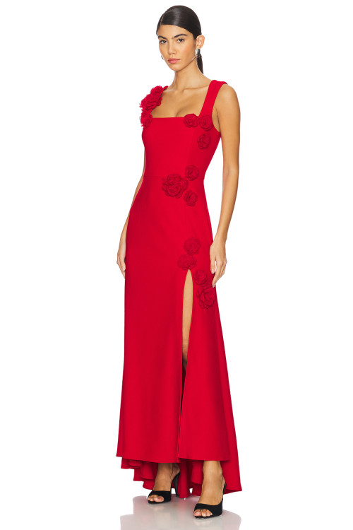 2025 Fashionable Elegant Square Neckline Crepe Tonal 3D Floral Accents Front Slit Long Dress