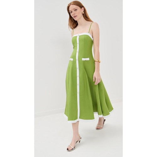 Latest style Freshness Side pocket Square neckline Casual Simpleness Green Woman's Midi dress