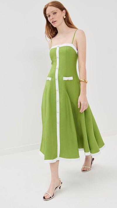 Latest style Freshness Side pocket Square neckline Casual Simpleness Green Woman's Midi dress