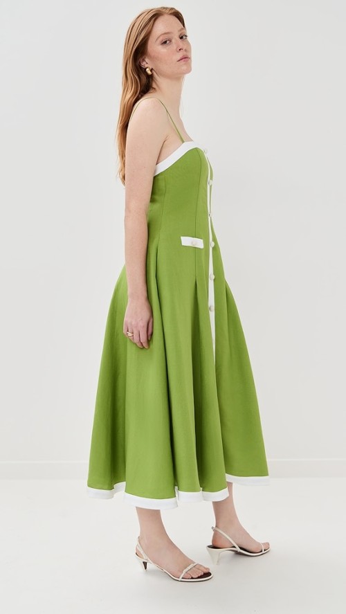 Latest style Freshness Side pocket Square neckline Casual Simpleness Green Woman's Midi dress
