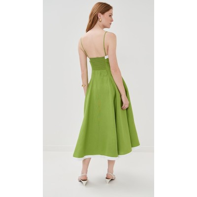 Latest style Freshness Side pocket Square neckline Casual Simpleness Green Woman's Midi dress