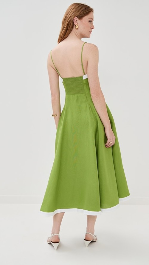 Latest style Freshness Side pocket Square neckline Casual Simpleness Green Woman's Midi dress