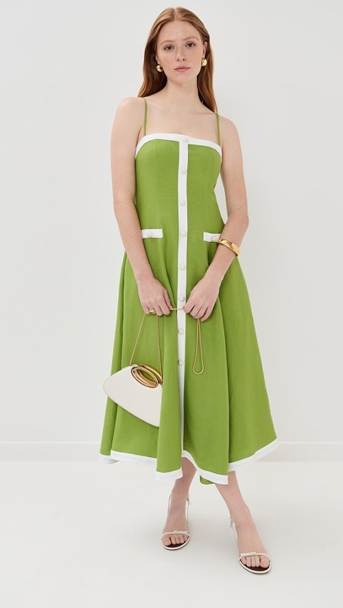 Latest style Freshness Side pocket Square neckline Casual Simpleness Green Woman's Midi dress