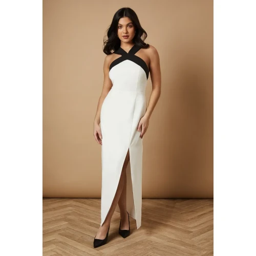 Women New Elegant Halterneck Sleeveless Slim Tight Waist Cut Out Slit Casual Dresses