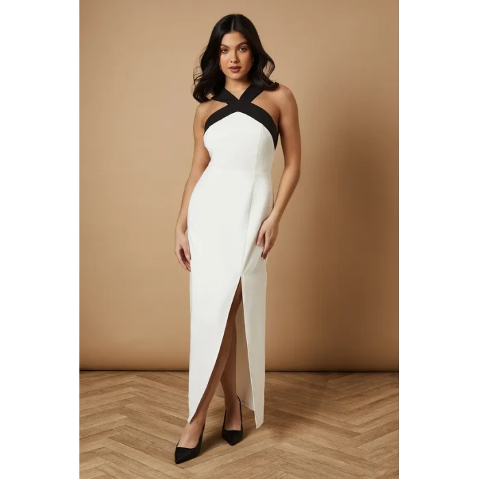 Women New Elegant Halterneck Sleeveless Slim Tight Waist Cut Out Slit Casual Dresses