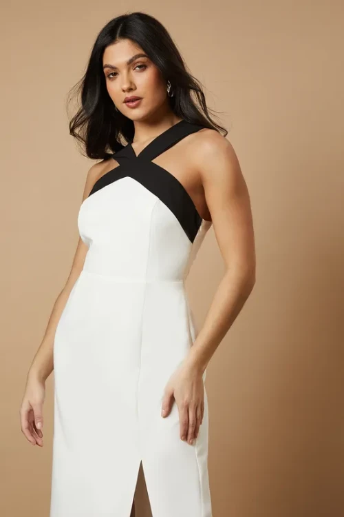 Women New Elegant Halterneck Sleeveless Slim Tight Waist Cut Out Slit Casual Dresses