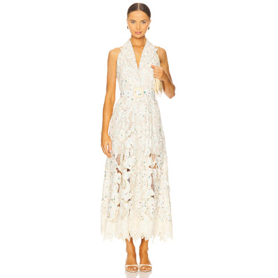 2025 New Fashionable Vintage Heavyweight Floral Lace Fabric Halter Neck Pearl Buttons Maxi Dress