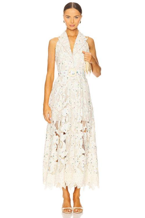 2025 New Fashionable Vintage Heavyweight Floral Lace Fabric Halter Neck Pearl Buttons Maxi Dress
