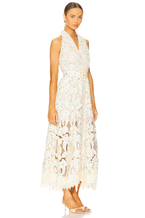 2025 New Fashionable Vintage Heavyweight Floral Lace Fabric Halter Neck Pearl Buttons Maxi Dress