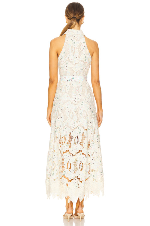 2025 New Fashionable Vintage Heavyweight Floral Lace Fabric Halter Neck Pearl Buttons Maxi Dress