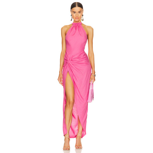 Hot Sale Sexy Elegant Fuchsia Halter Neck Backless Slit Fitting Maxi Dress