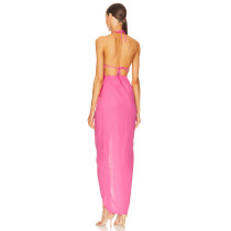 Hot Sale Sexy Elegant Fuchsia Halter Neck Backless Slit Fitting Maxi Dress