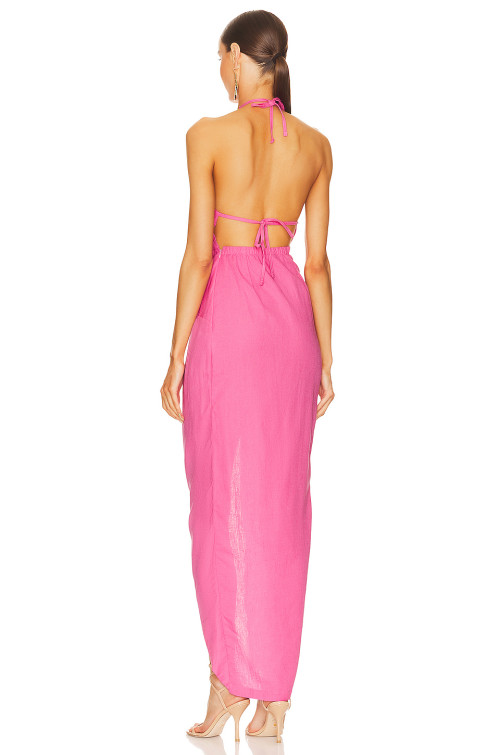 Hot Sale Sexy Elegant Fuchsia Halter Neck Backless Slit Fitting Maxi Dress