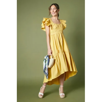 Customized High Quality Square Ruffle Tight Waist Solid Color Short Sleeve Casual Dress