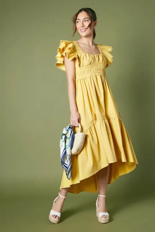 Customized High Quality Square Ruffle Tight Waist Solid Color Short Sleeve Casual Dress