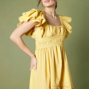 Customized High Quality Square Ruffle Tight Waist Solid Color Short Sleeve Casual Dress