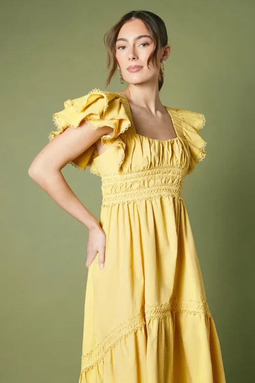 Customized High Quality Square Ruffle Tight Waist Solid Color Short Sleeve Casual Dress