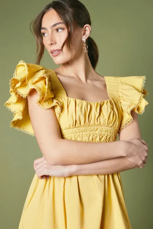 Customized High Quality Square Ruffle Tight Waist Solid Color Short Sleeve Casual Dress
